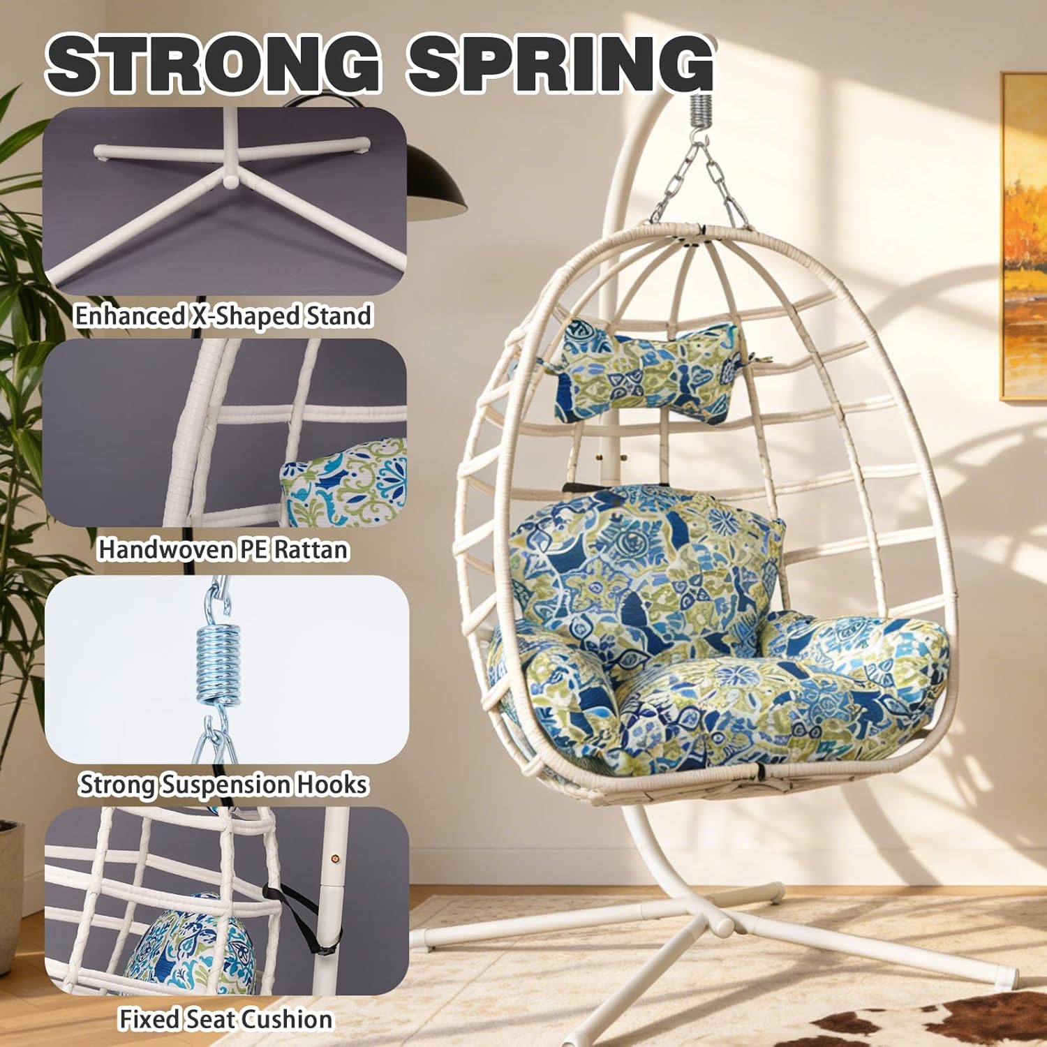 Egg Chair Outdoor with Stand, Indoor Wicker Hanging Egg Swing Chair with Cushion & Headrest, 350lbs Capacity for Patio, Bedroom (White Frame + Floral Cushion)