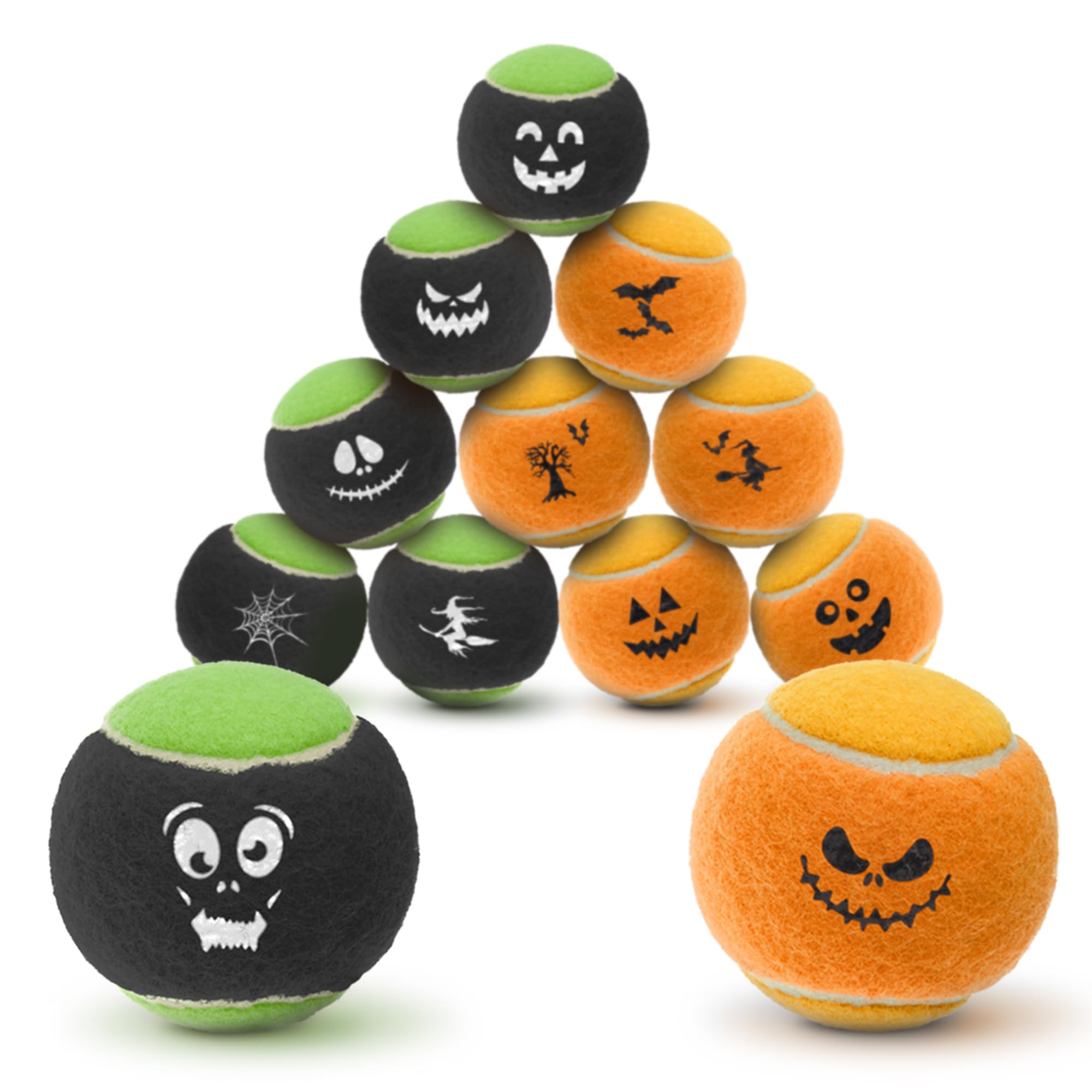 SPORTSPET Spooky SQUEAK! Balles de tennis pour chiens | Lot de 12 avec sac en maille | Balles couinantes pour chien | Balles pour chien non abrasives et sans pression | 64 mm | Jouets d'Halloween