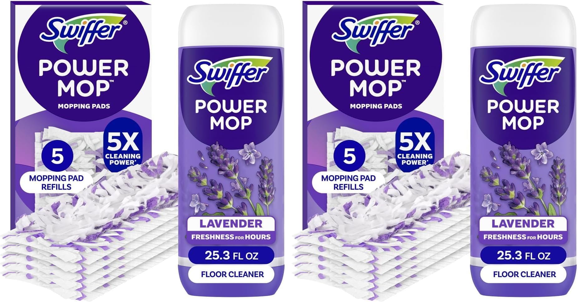 Swiffer Power Mop Refill, Floor Cleaner for Mopping Tile, Vinyl, Laminate, Wood in Home, Bathroom, Kitchen, All Purpose Multi-Surface Cleaning, 5 Pads + 1 Lavender Solution (Pack of 2)