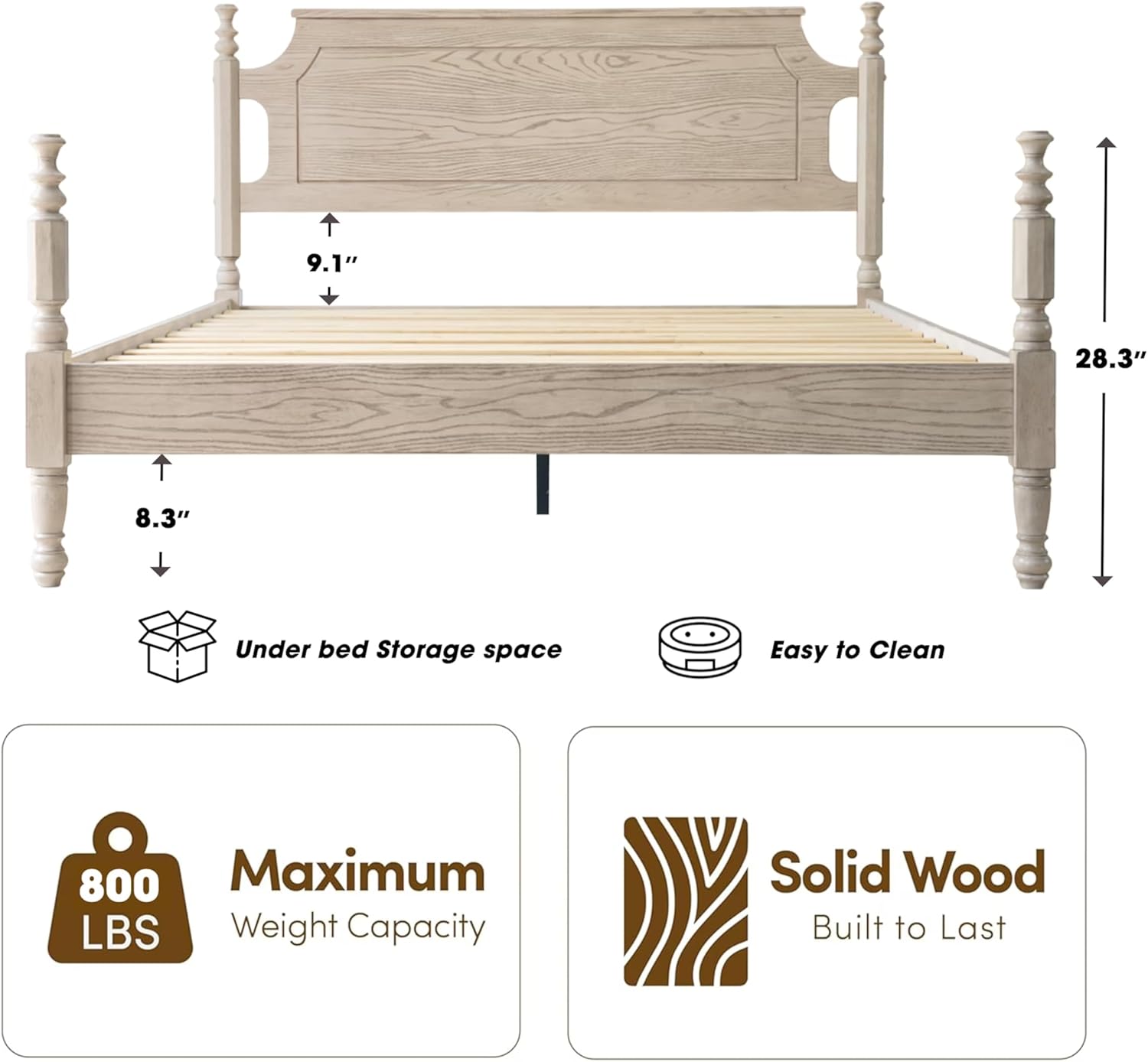 Solid Wood Platform Bed Frame with Headboard & Footboard, Metal Legs, 12 Sturdy Slats, Easy Assembly, Anti-Slip & Noise-Free, No Box Spring Needed, Queen Size, Driftwood Gray Oak, ROQ-33