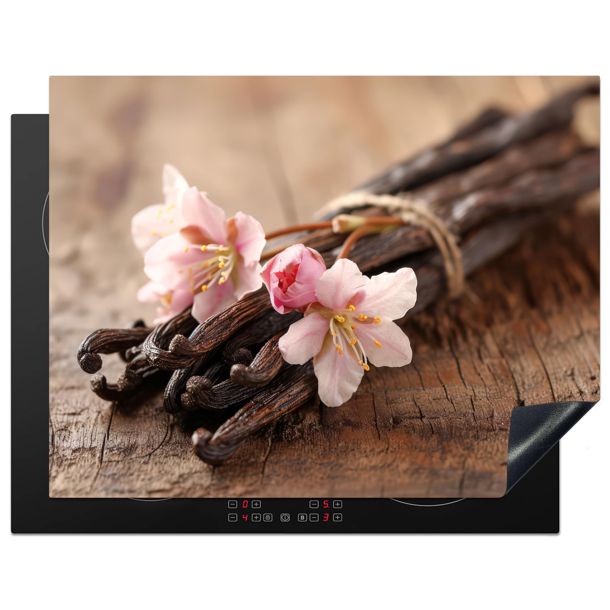KitchenYeah© Induction Hob Cover Protector Mat 23.2"x30.3" / 77x59 cm Kitchen Universal Ceramic Covers for Electric Cookers Vinyl Vanilla - Flowers - Vanilla pods - Wood - Pink