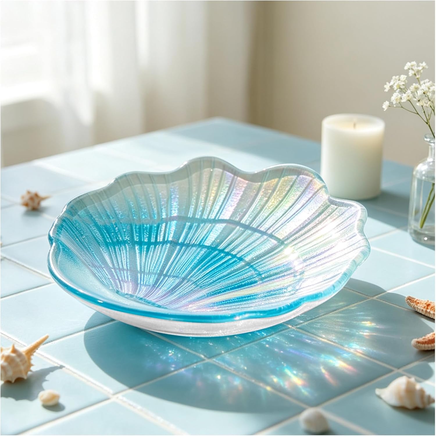Glass Seashell Spoon Rest for Stove Top, Coastal Spoon Holder for Kitchen Counter, Beach Bedroom Kitchen Decor, Ocean Blue Shell Jewelry Dish Trinket Tray, Nautical Home Accessories