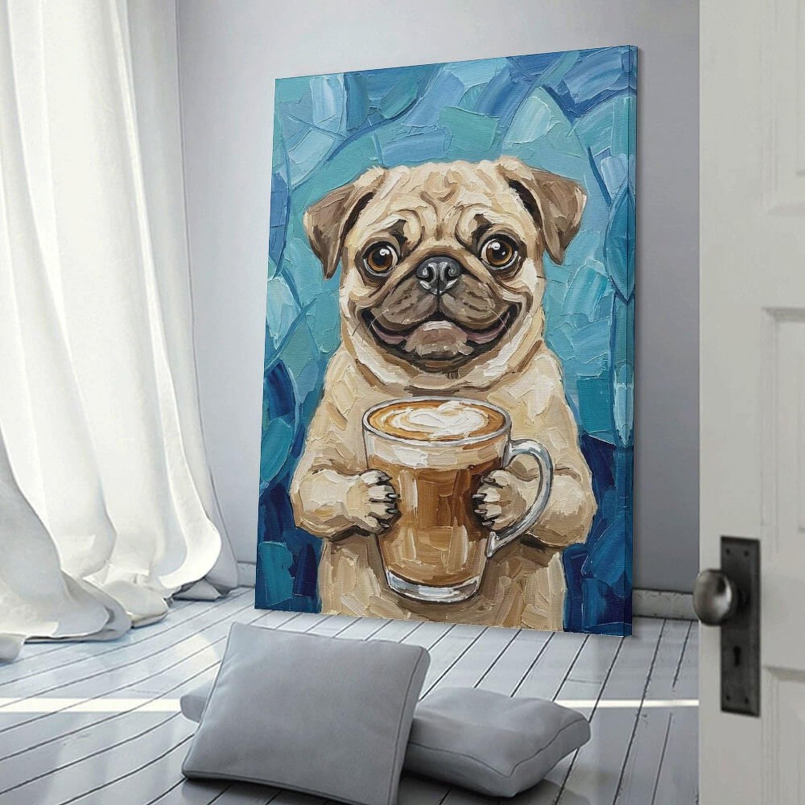 Junmoney Pug with Coffee Room Decor Wall Art, 24x36inch(60x90cm), for Front Hall, Corridor Or Welcome Spaces, A Neat Decor Update for Hallways