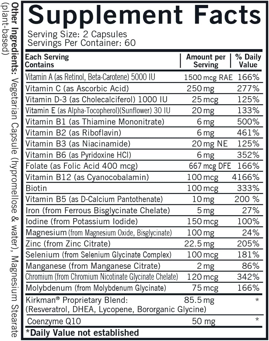 Kirkman 60 to 90 Men’s Multi-Vitamin and Mineral Boost || 120 Vegetarian Capsules || Provides Comprehensive Vitamin and Mineral Support for Senior Men || Gluten and Casein Free