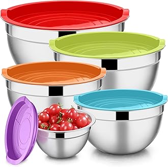 E-far Mixing Bowls with Lids Set of 5, Stainless Steel Mixing Bowls Metal Nesting Bowls with Airtight Lids, Non-toxic & Dishwasher Safe, Great for Cooking, Baking, Serving - Size 0.7/1/1.5/3/4.6QT