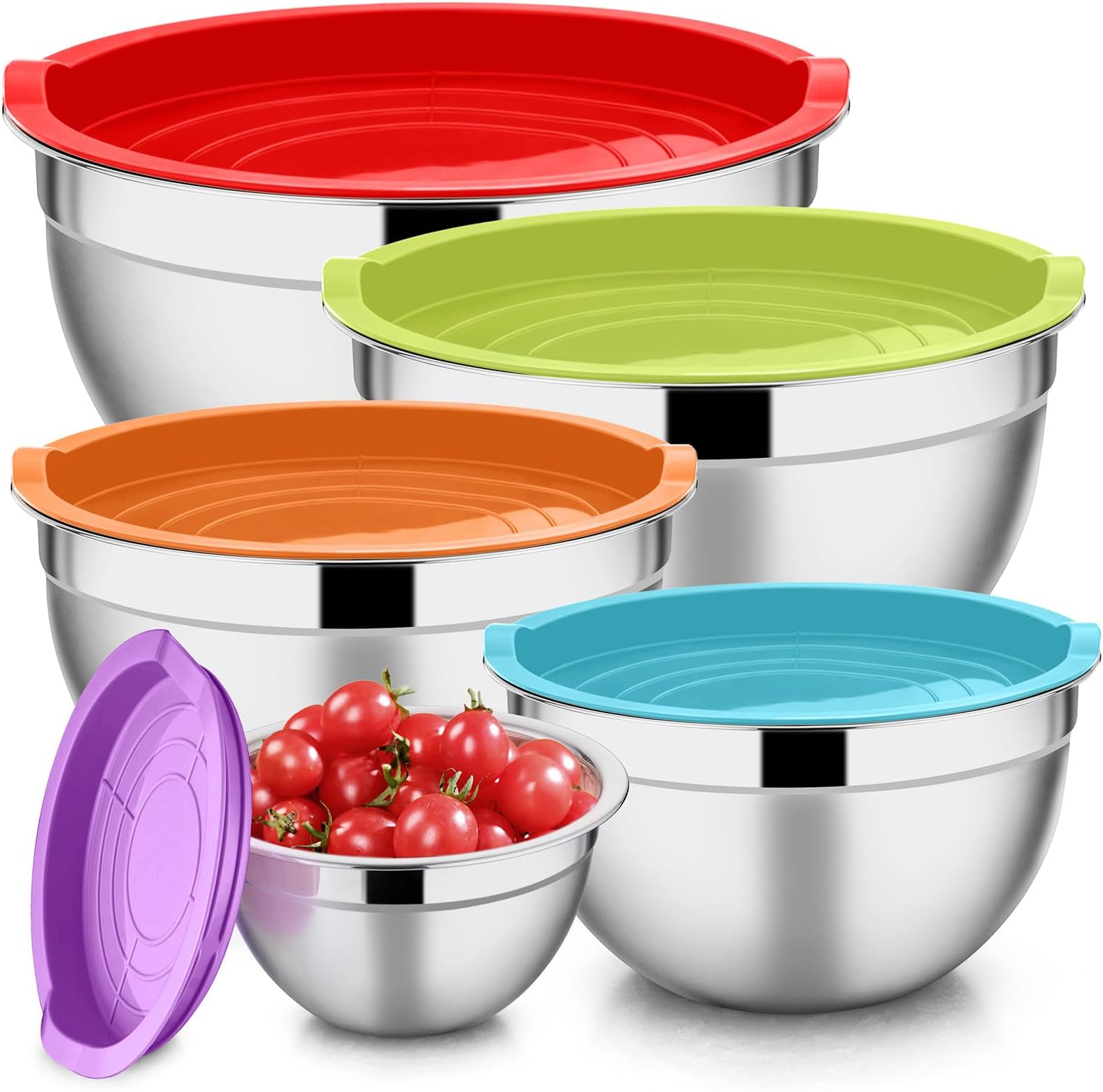 E-far Mixing Bowls with Lids Set of 5, Stainless Steel Mixing Bowls Metal Nesting Bowls, Airtight Lids & Scale Marks, Healthy & Easy Clean, Great for Cooking, Baking, Serving - Size 1.5/2/3/4/5 QT