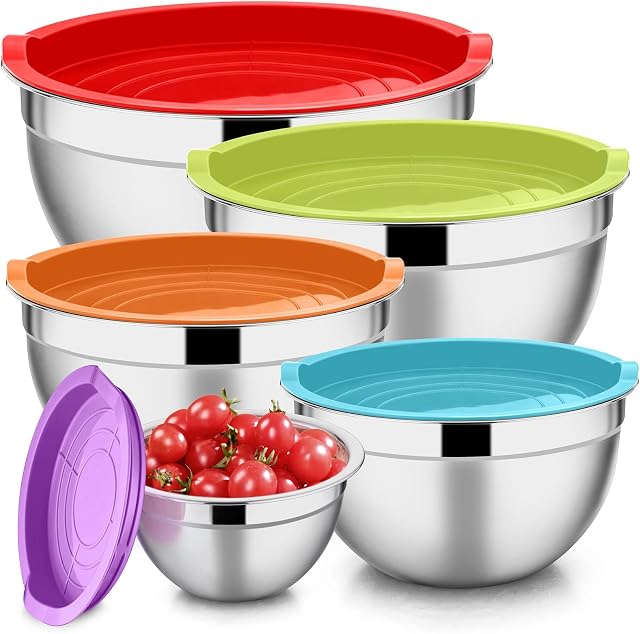 E-far Mélanger des bols avec un ensemble de lids 5, Bols de mélange en acier inoxydable Bols en métal avec lids hermétiques, non toxiques & Lave-vaisselle Coffre-fort, Idéal pour la cuisine, cuisson, service - Taille 0,7/1/1,5/3/4,6QT