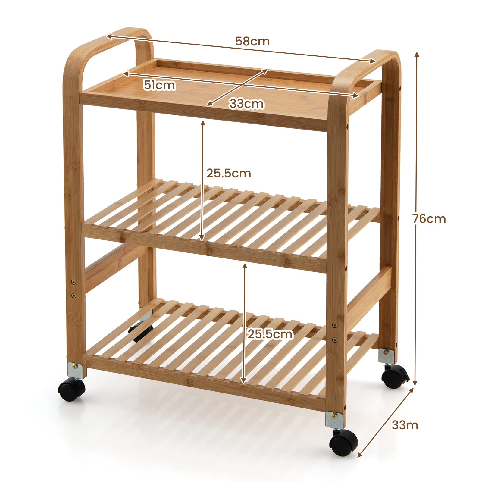 Giantex Carro de Servicio de Bambú, Carrito de Cocina con Ruedas Giratorias, Carrito Auxiliar de Almacenamiento con 3 Estantes, con Asas, Ruedas Extraíbles, para Cocina, Comedor, Salón