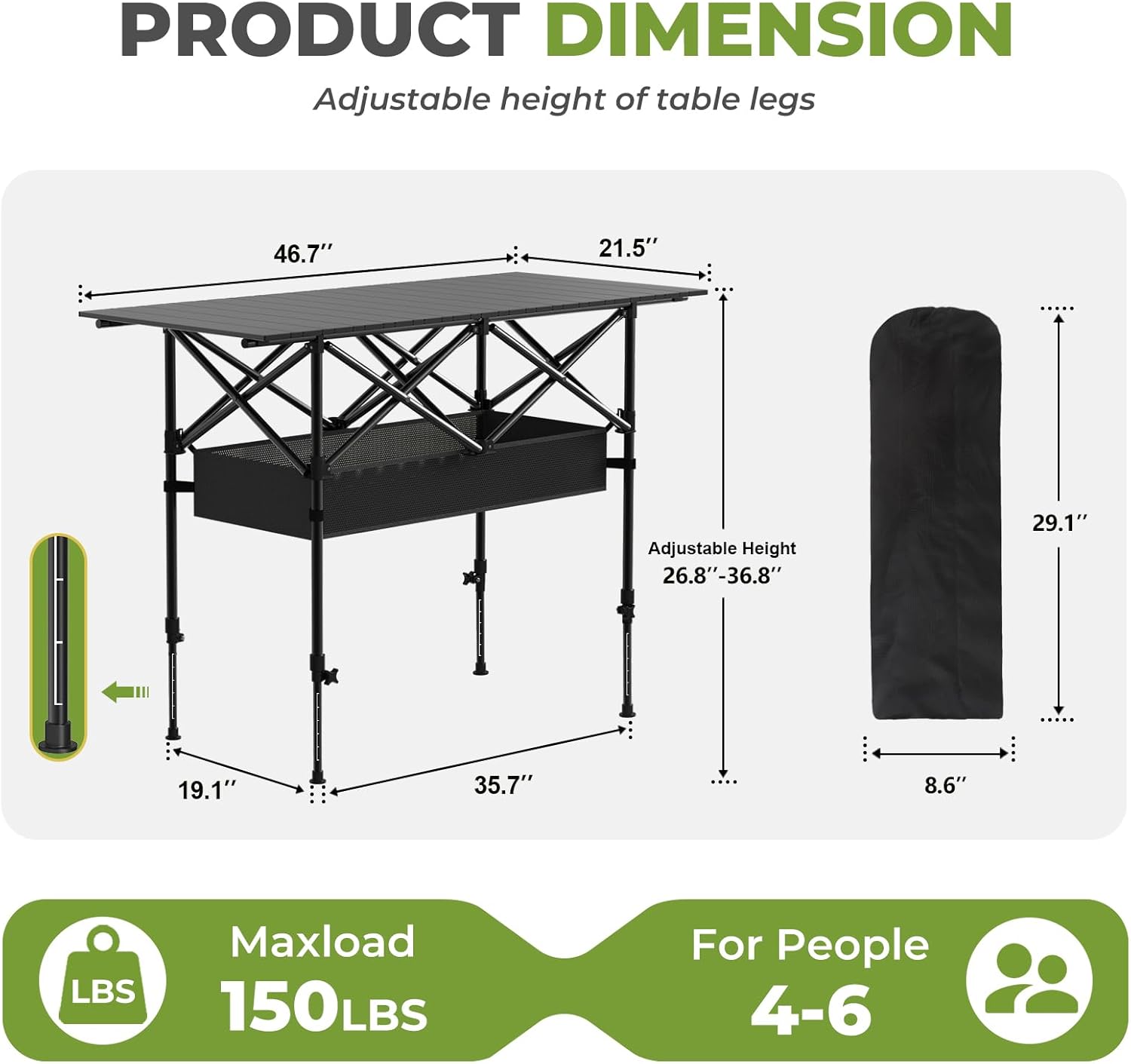 Camping Table Portable, Folding Roll-Up Picnic Table with Carry Bag & Detachable Storage Pockets, Lightweight Outdoor Table for Camping, Beach, Backyard, Party, BBQ, Patio thumbnail
