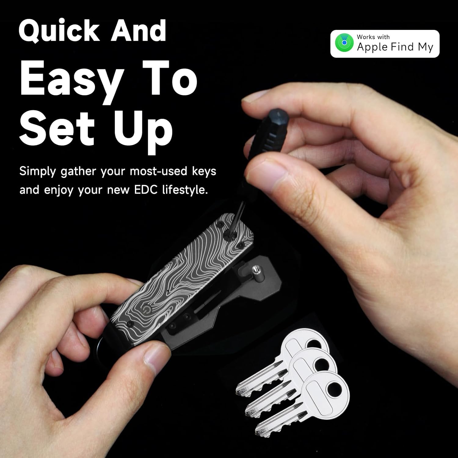 Keychain, Works with Apple Find My (iOS Only), Minimalist Metal Compact Key Organizer, Car Key Chains with GPS Tracker, Key Finder, Key Holder for Keychain, Up to 5 Keys, Striped Black
