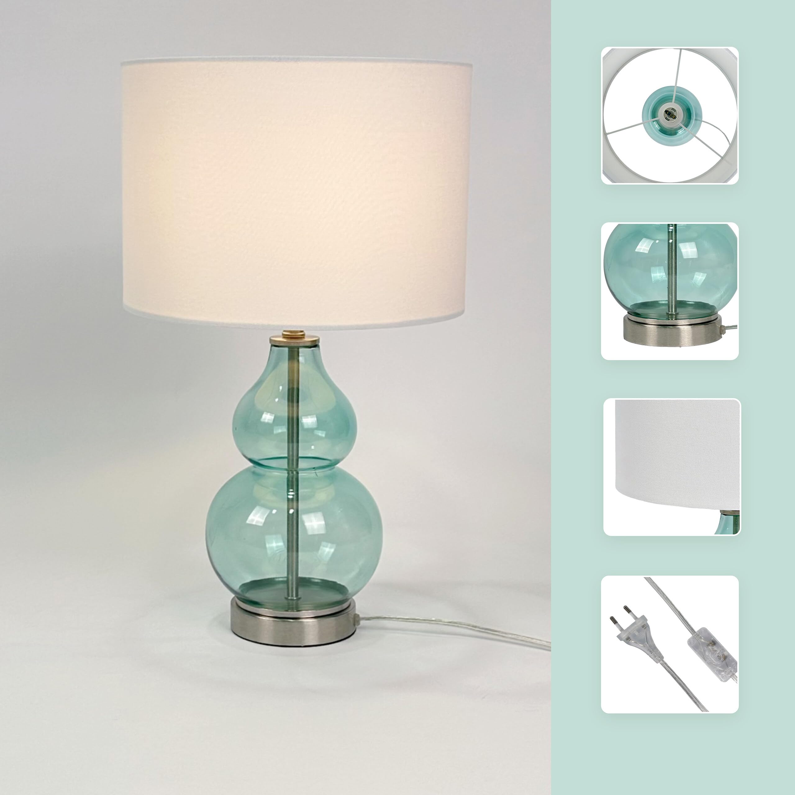 Relaxdays Lámpara de Mesa con Base de Cristal y Pantalla de Tela, E14, 44x26 cm, lámpara de Noche Blanca y Azul
