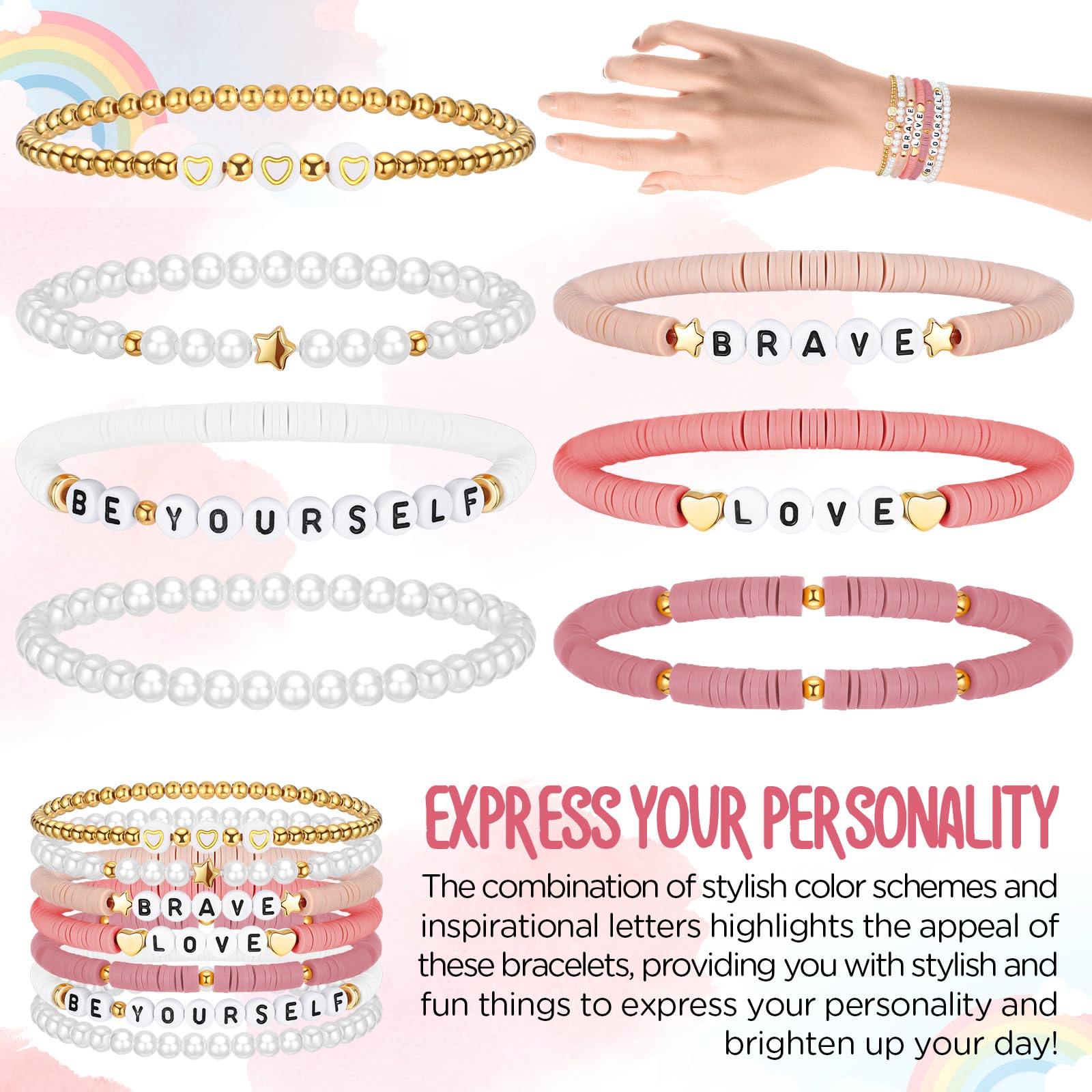 Landical Friendship Bracelets for Women Teen Girls Preppy Clay Bead Heishi Surfer Bracelets Stackable Boho Y2k Jewelry(Pink)