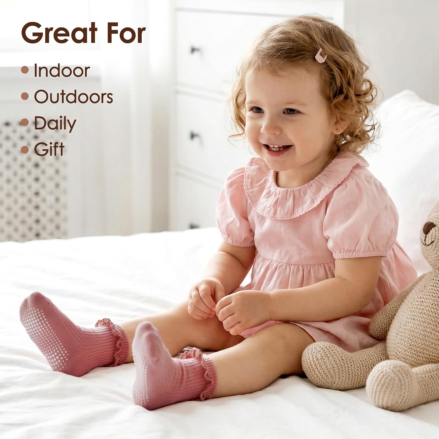 HONGTEYA Toddler Grip Socks Baby Girl with Non Slip Socks for Infant Ruffle Ankle Cotton Sock 0-5 Years