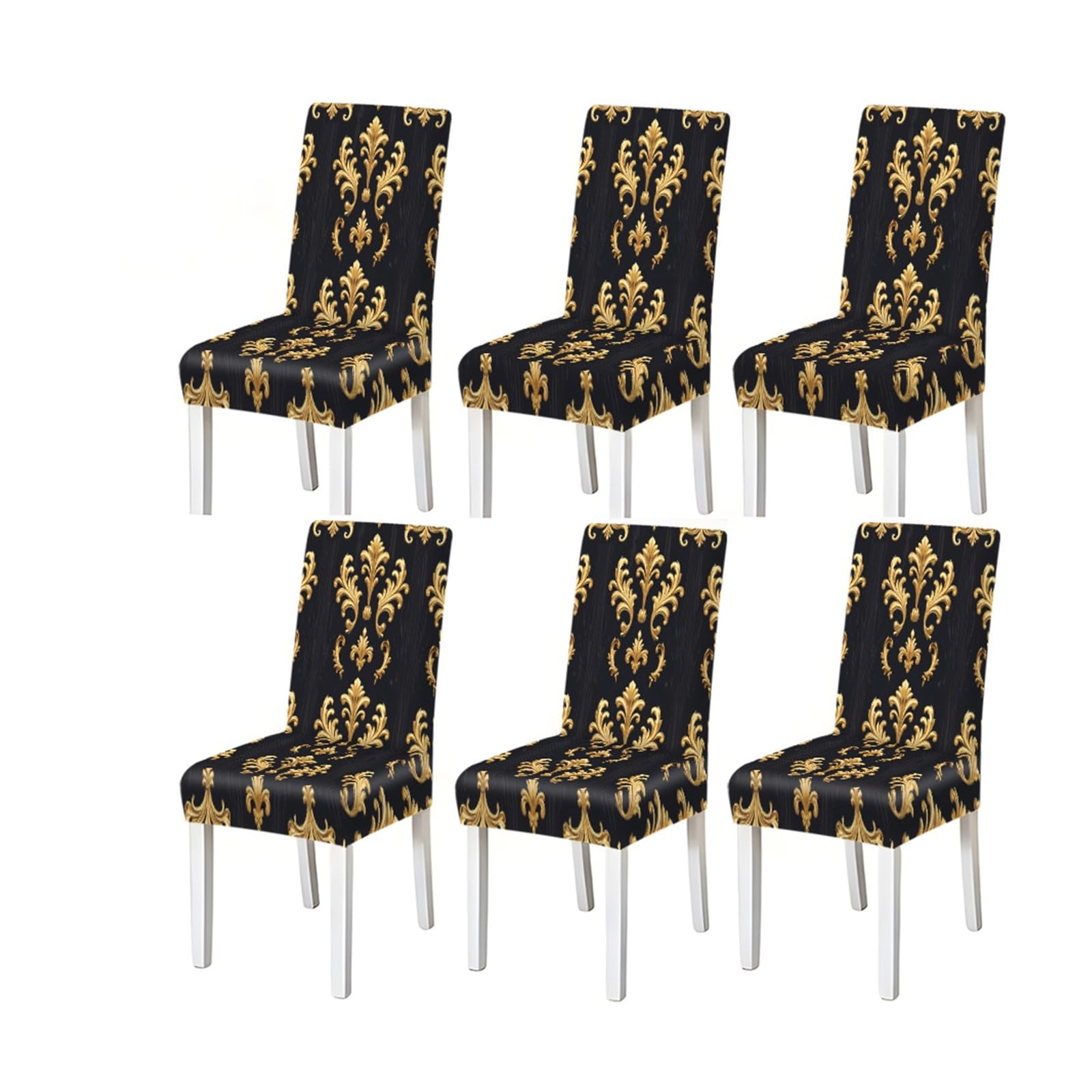 BOSUYBN Black Gold Baroque Damask Pattern Print Dining Chair Covers Set Of 2/4/6, Stretch Slipcovers For Kitchen Dining Room Furniture Protectors for Home Dining Room(6PCSChair cover)