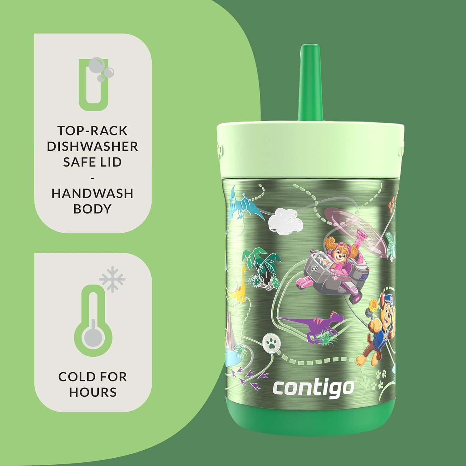 Contigo Kids Leighton Spill-Proof Stainless Steel Paw Patrol Tumbler with Straw, 12oz, Dino Treks, Green - Image 5