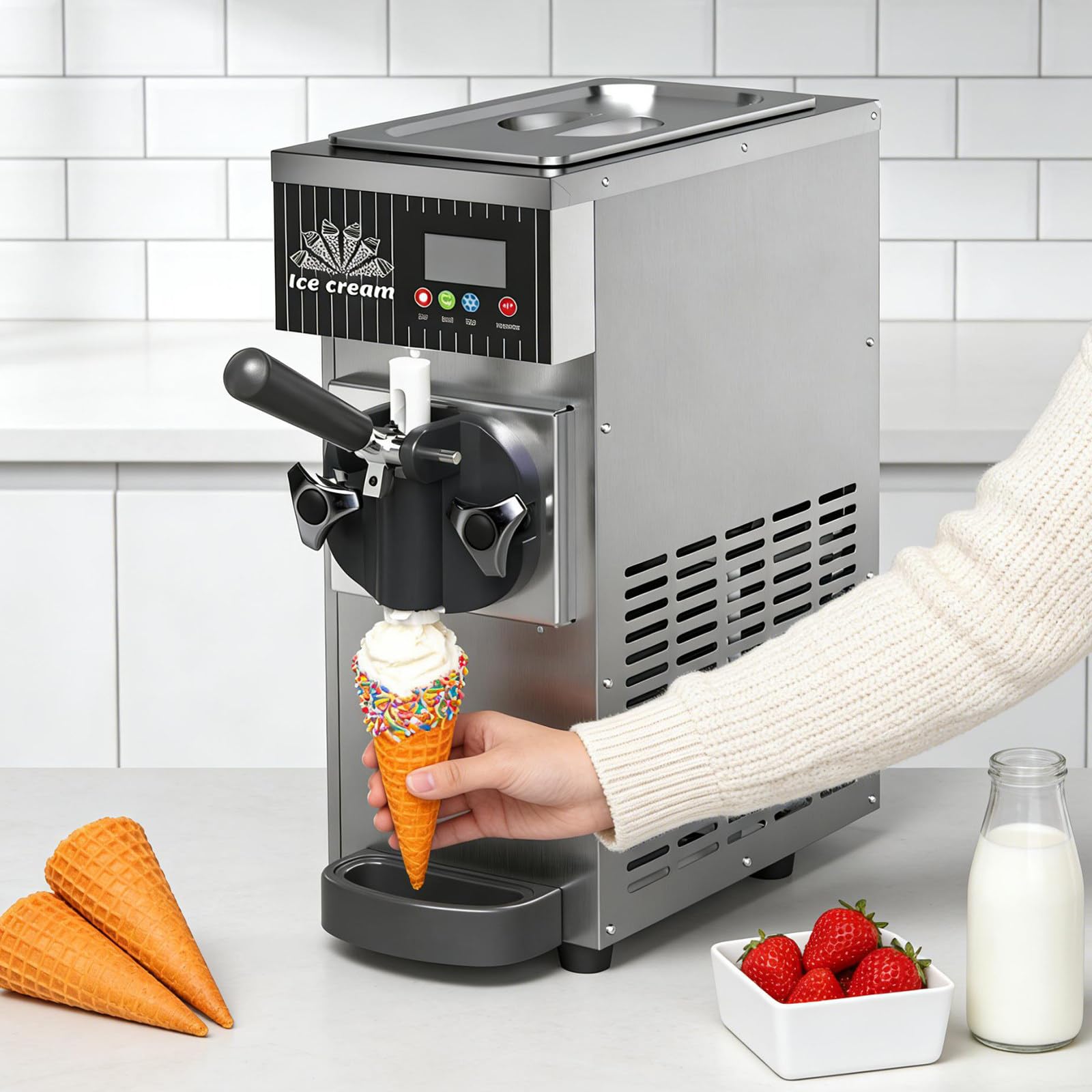 XUXIAO Soft Serve Ice Cream Machine Home, Countertop Soft Serve Ice Cream Maker, 4-5kg/H, LCD Touch Panel, Auto Clean, for Restaurants and Shops​ Silver