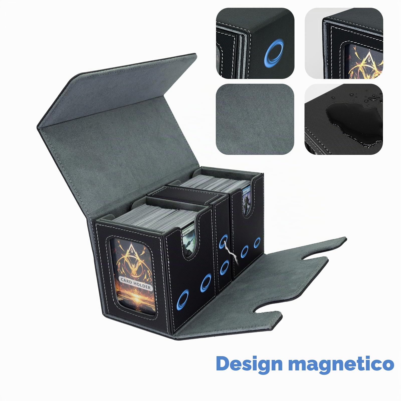 MTG Commander Deck Box Spazio per 200+ carte, scatola 3 in 1 con finestra, organizer magnetico per carte di credito, 4 divisori