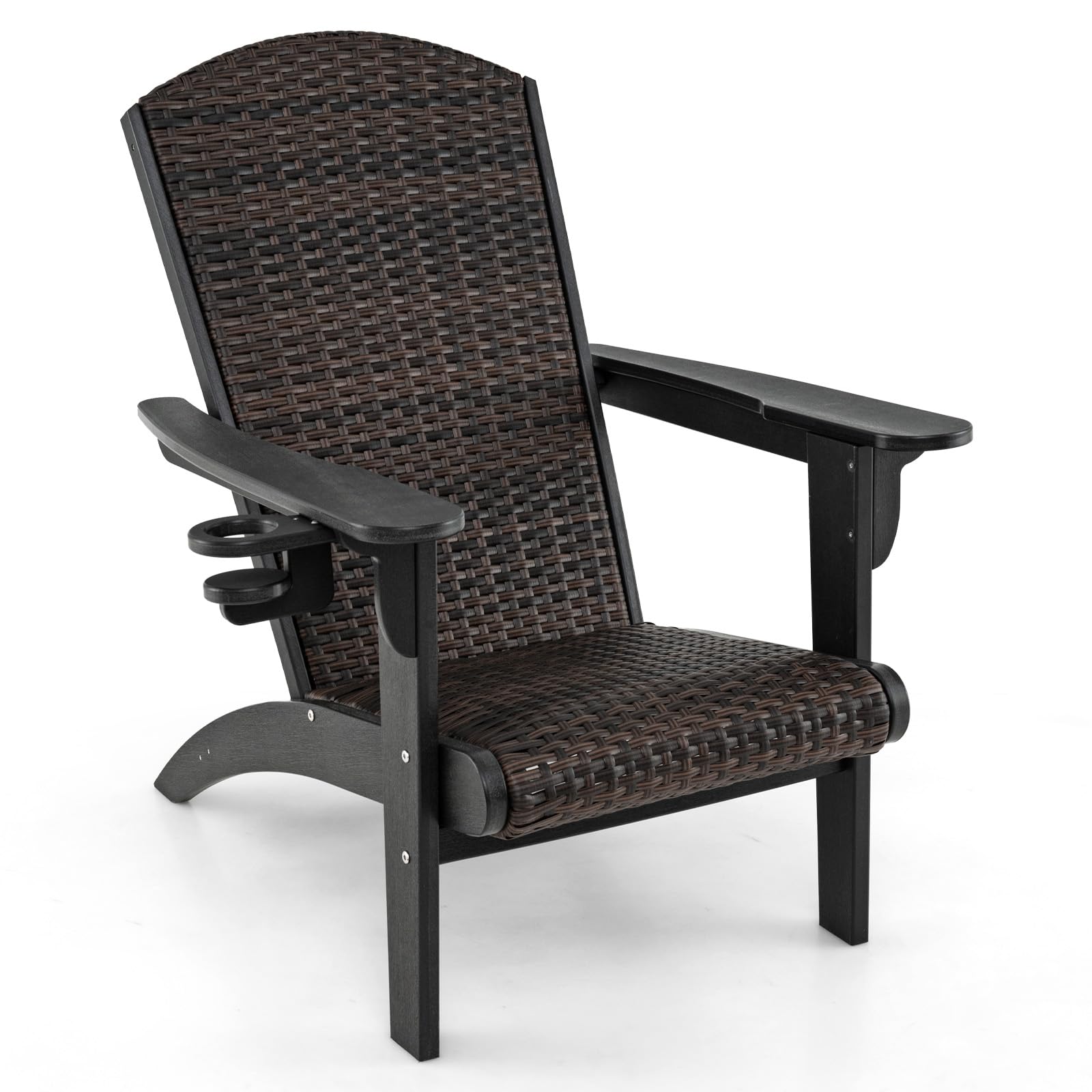 LIFEZEAL Sedia Adirondack da Esterno, in Plastica, Rattan PE, Imbottito da Spugna, con Braccioli, Portabicchiere, Resistente alle Intemperie, per Giardino, Terrazza, Patio, Aperto, Max 150kg (nero)