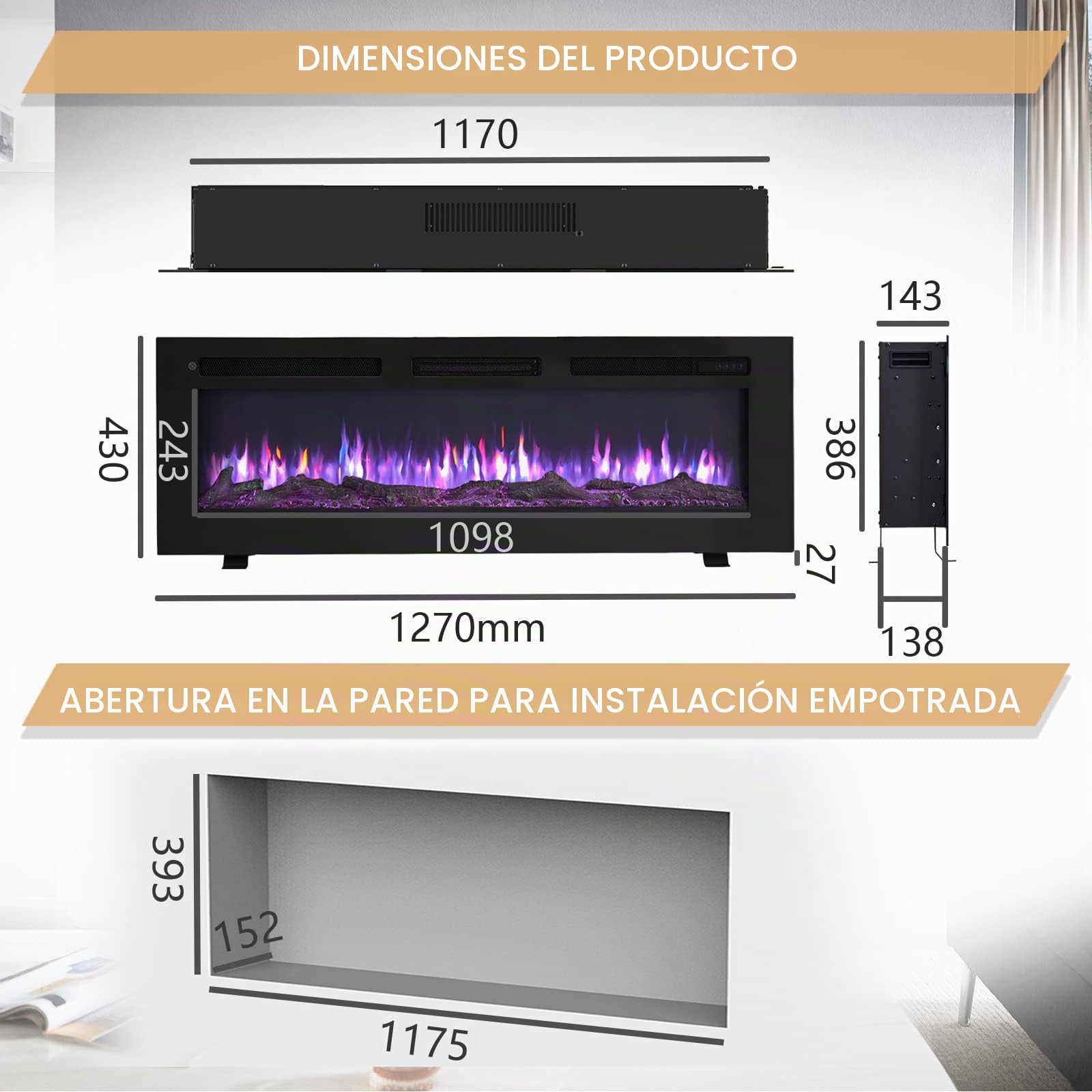 FLAMEKO Wilton,Chimenea eléctrica 3 en 1 de 127 cm, independiente, montaje en pared, empotrada, efecto de llama de 9 colores, compatible con pared multimedia,1800 W, control remoto