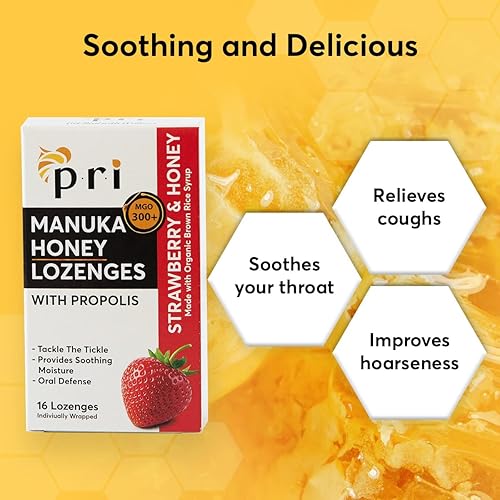 Miniatura 2 de PRI Manuka Pastillas de miel con propóleos, gotas calmantes para la tos y la garganta, certificado MGO 300+ (fresa, 16 unidades)