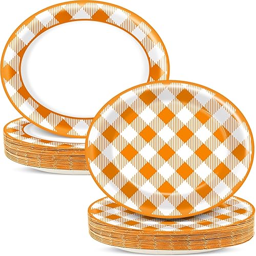 50 platos ovalados de papel de Acción de Gracias a cuadros ovalados desechables naranja y blanco a cuadros para barbacoa, reunión, picnic, carnaval,