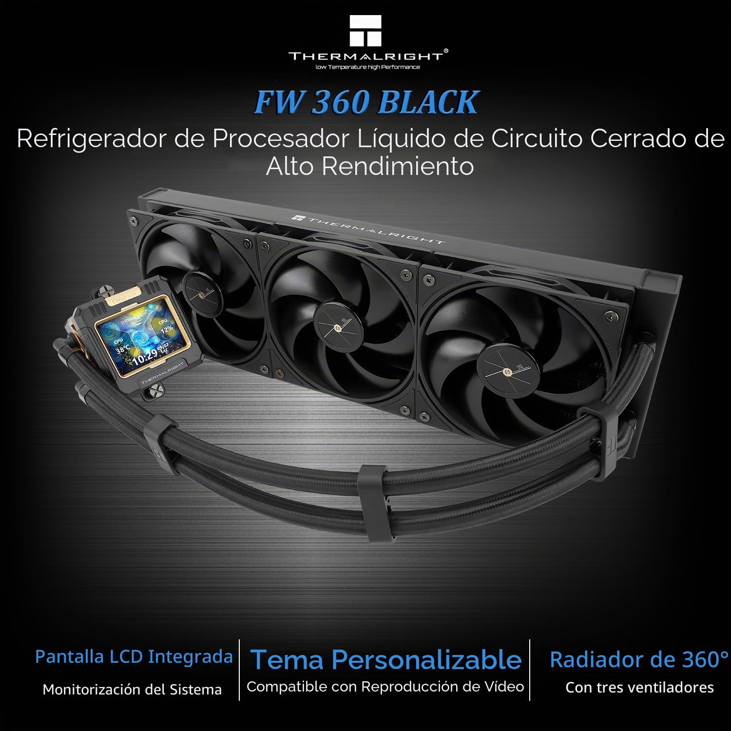 Thermalright FW360 Black Enfriador AIO de CPU, sistema de refrigeración por agua con especificación PC 360, pantalla LCD IPS con resolución de 320 * 240, para AM5 e Intel LGA1700
