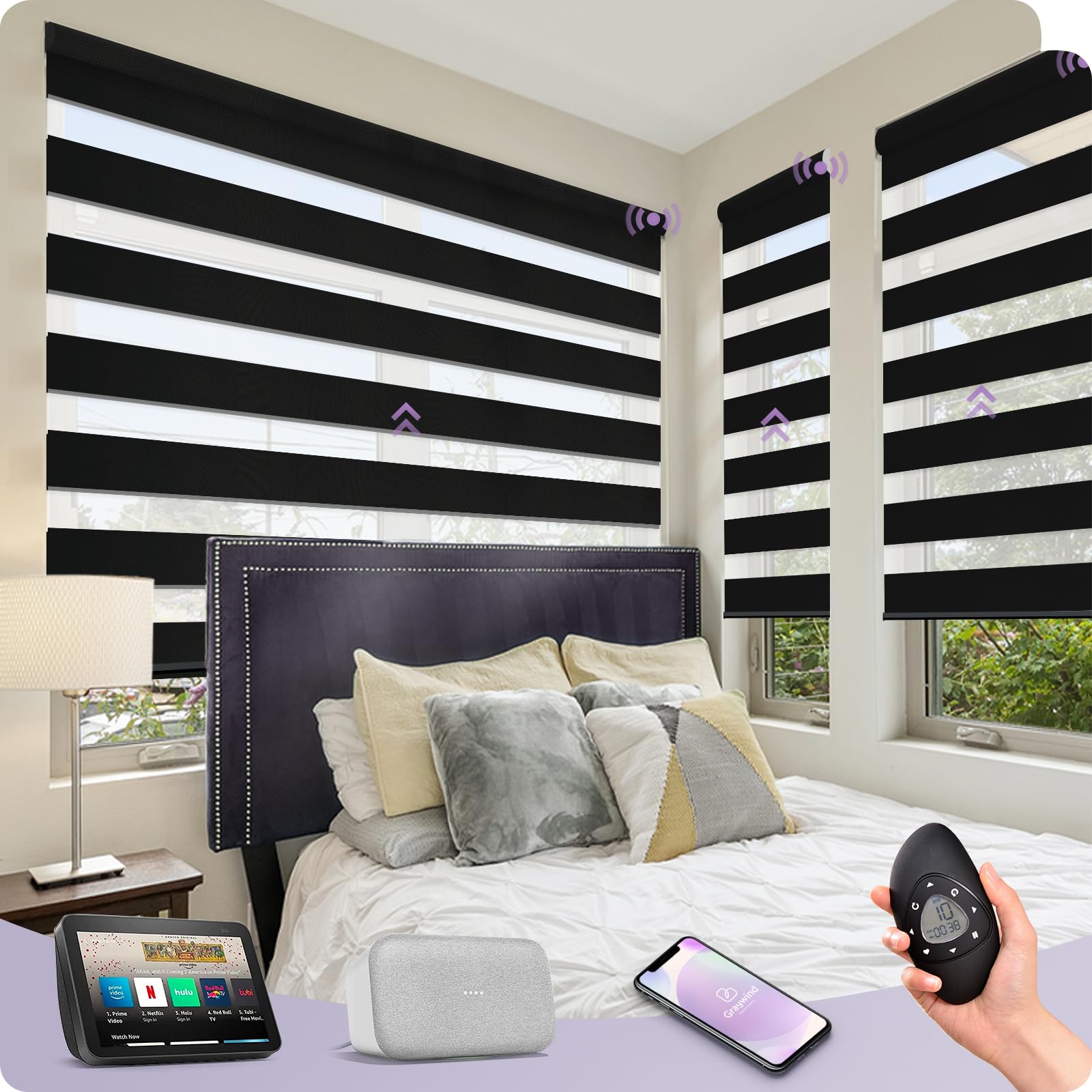 GraywindRechargeable Smart Zebra Blinds, Customized Dual Layer Electric Day Night Shades Compatible with Alexa Google, Privacy Protection Motorized Window Covering for Smart Home, Luxury Black