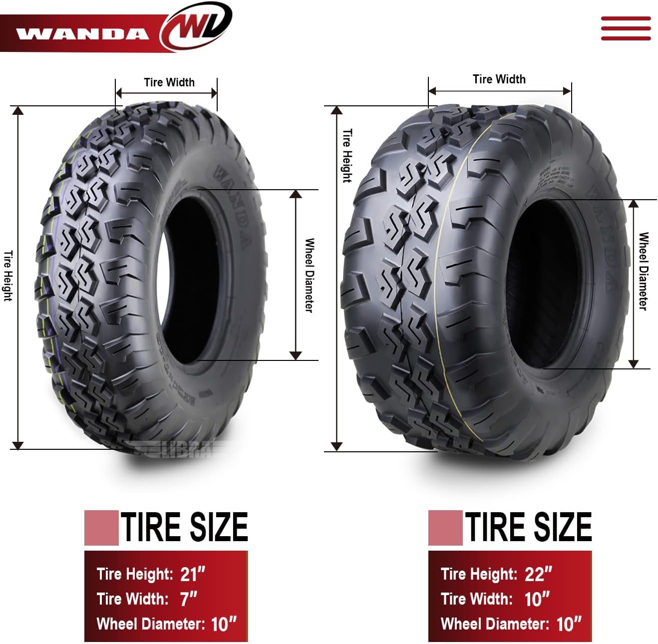WANDA 21x7-10 & 22x10-10 Complete Set Yamaha Timberwolf 250 Beartracker ATV Tires