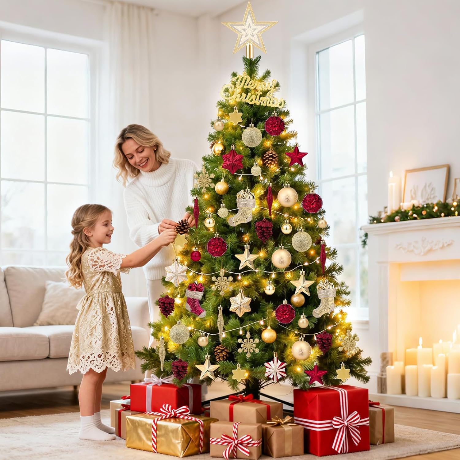 JONRRYIN Premium Weihnachtskugeln, 70er Set Christbaumkugeln Kunststoff - Mit LED-Licht, Baumspitze Stern, Kleine Weihnachtskugeln - Christbaumschmuck für Drinnen & Draußen (Rot-Gold)