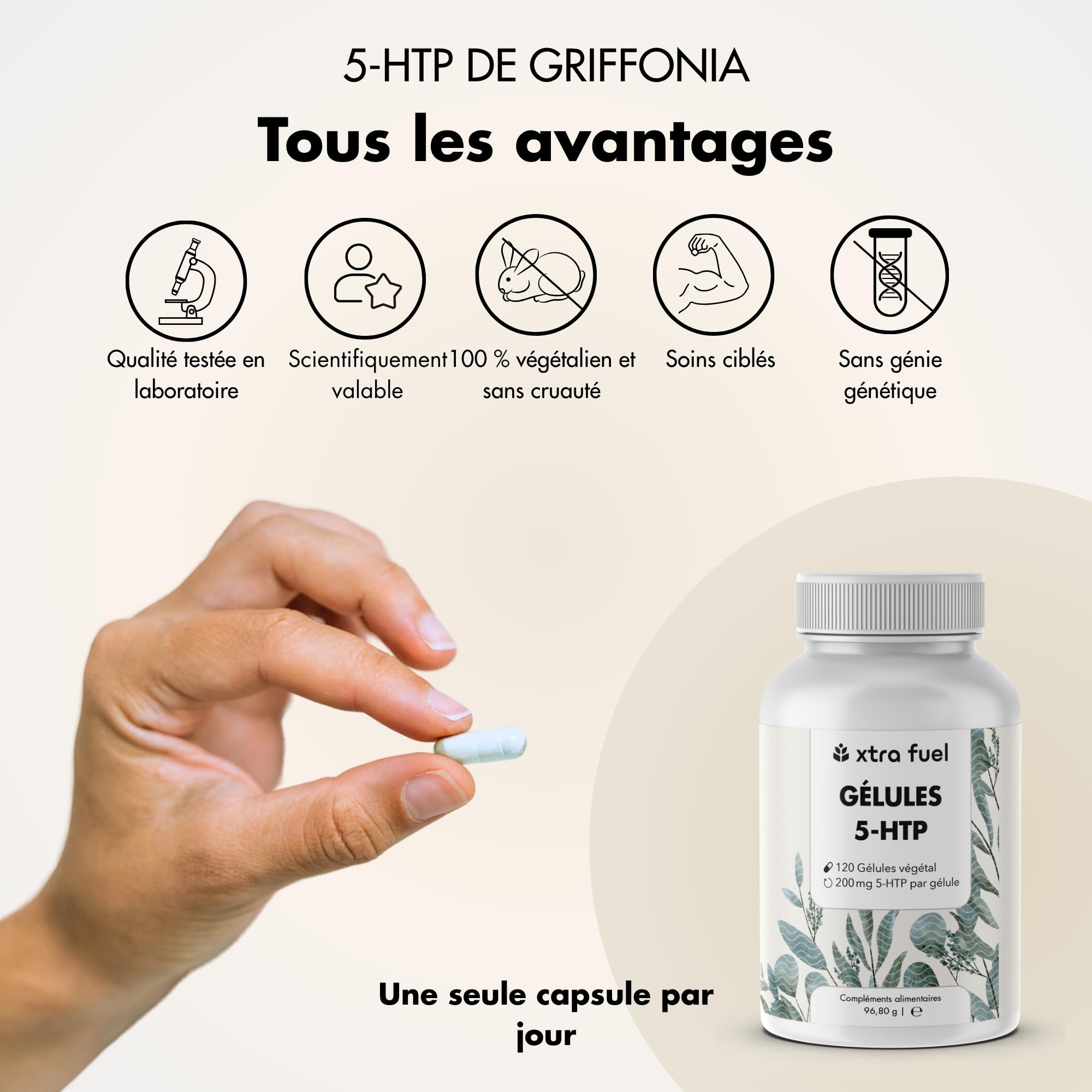 5-HTP 200 mg – 240 gélules – Extrait de Griffonia simplicifolia standardisé à 30% de 5-hydroxytryptophane – XTRA FUEL