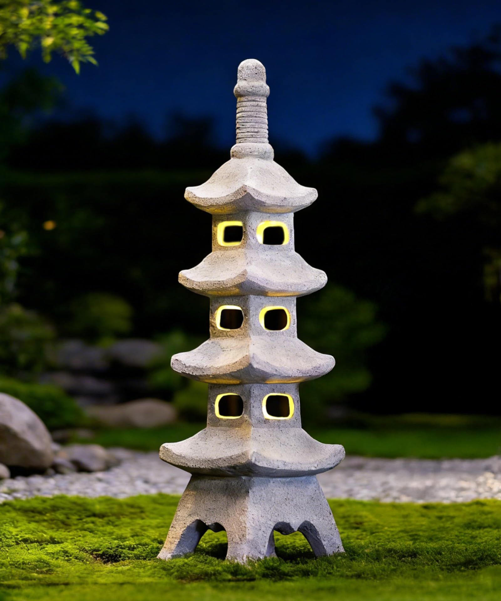 Goodeco 65cm Solar Pagoda Garden Statue Gray Stone Finish Zen Decor