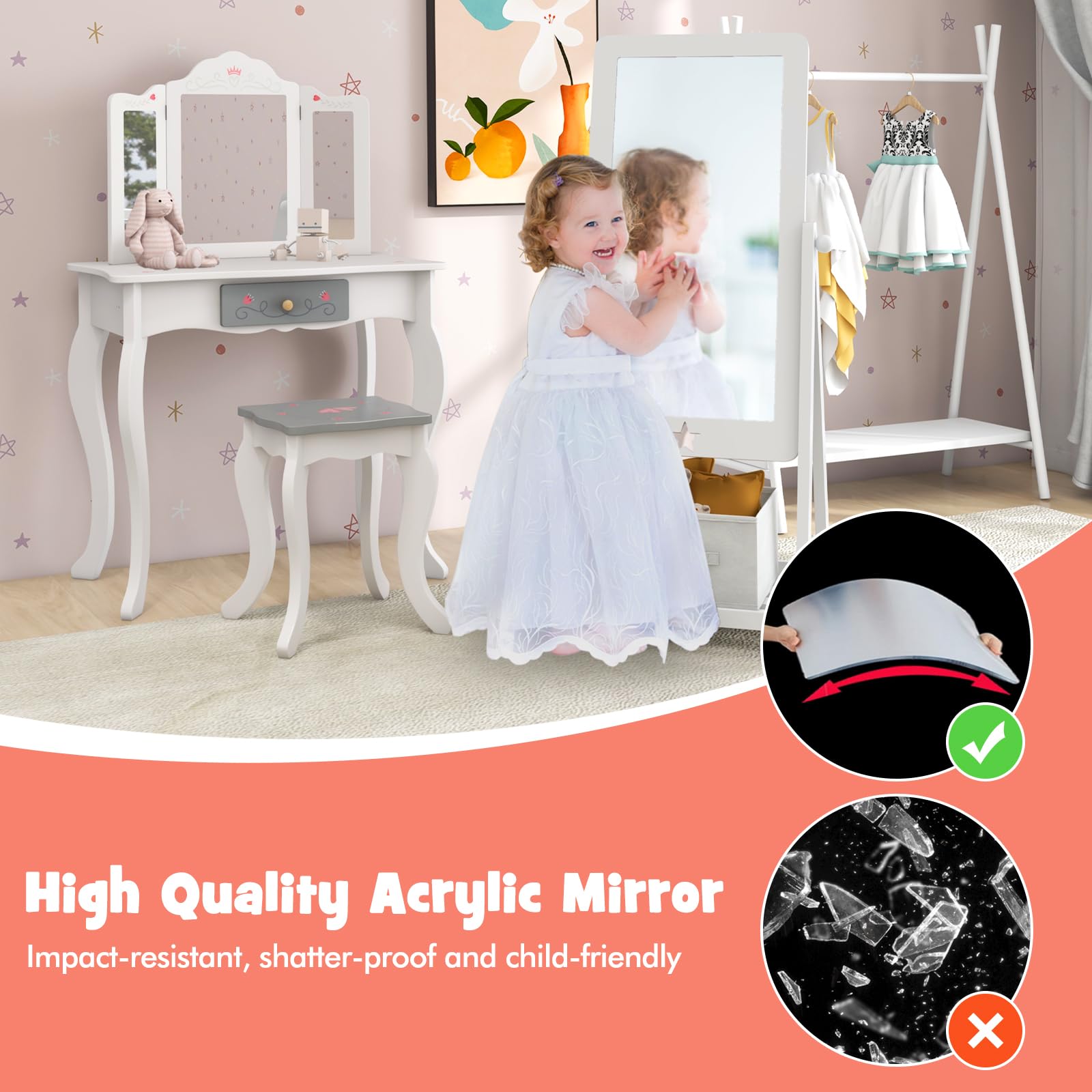 Espejo Independiente para niños, Espejo de tocador inastillable sin Vidrio, con Caja de Almacenamiento para Zapatos y Accesorios, Espejo Ajustable para niños de Longitud Completa para niñas