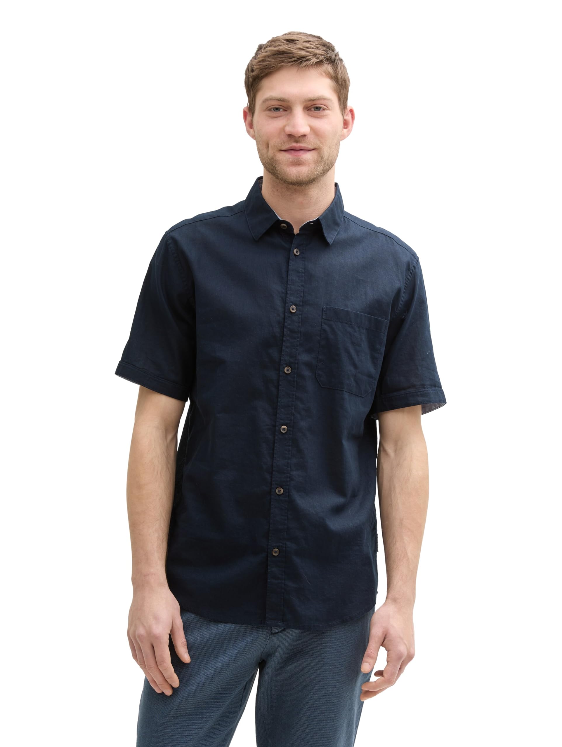 Tom Tailor Herren Regular Fit Kurzarmhemd mit Leinenanteil