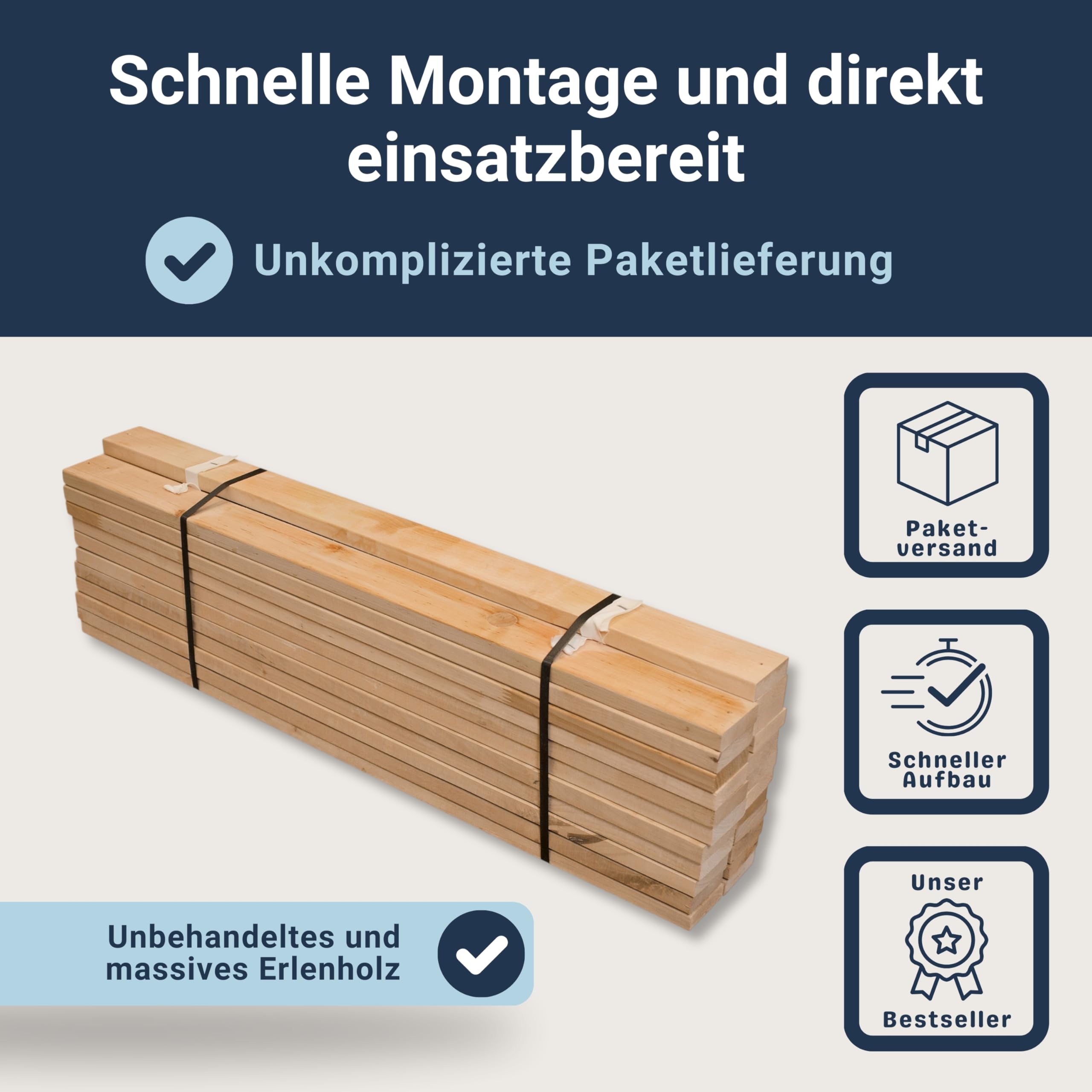 Betten-ABC Premium Rollrost, Stabiles Erlenholz, mit 23 Leisten und Befestigungsschrauben Größe 80 x 200 cm