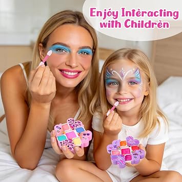 Cleboen Kids Makeup Kit for Girls, 12Pcs Washable Toy Cosmetics Set with Eyeshadow Lip Gloss Brushes, Water-Based Play Makeup for Ages 3+, Birthday Party Dress Up Gift Sleepover Party Favors Toy