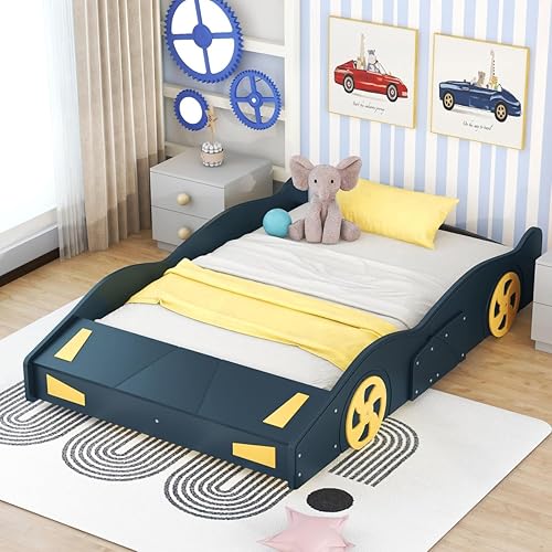 Miniatura 4 de Cama de plataforma en forma de auto de carreras de tamaño completo con armario de almacenamiento y ruedas para niños y niñas, azul oscuro