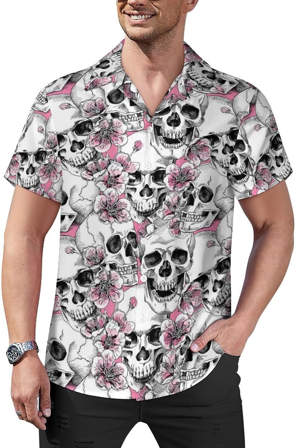 Hawaiian Shirt for Men Tropical Animal Flowers Button Down Shirts Tropical Casual Shirt Short Sleeve Summer Shirt XX-Large, Skull Head - Image 2