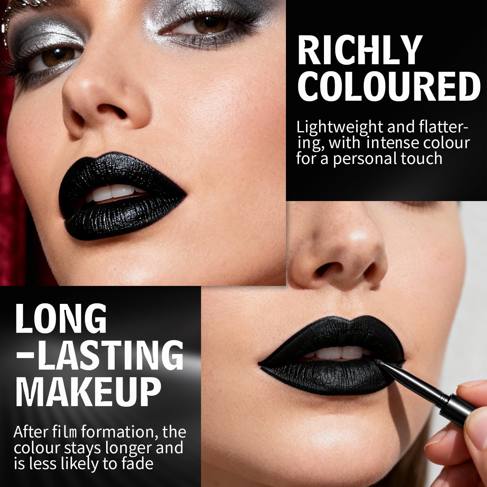 Set de Maquillaje Gótico, Negro Líquido Pintalabios con Delineador y Brillo, Paleta de Sombras de Ojos Ahumadas 9 Colores, Impermeable y de Larga Duración, para Carnaval Halloween