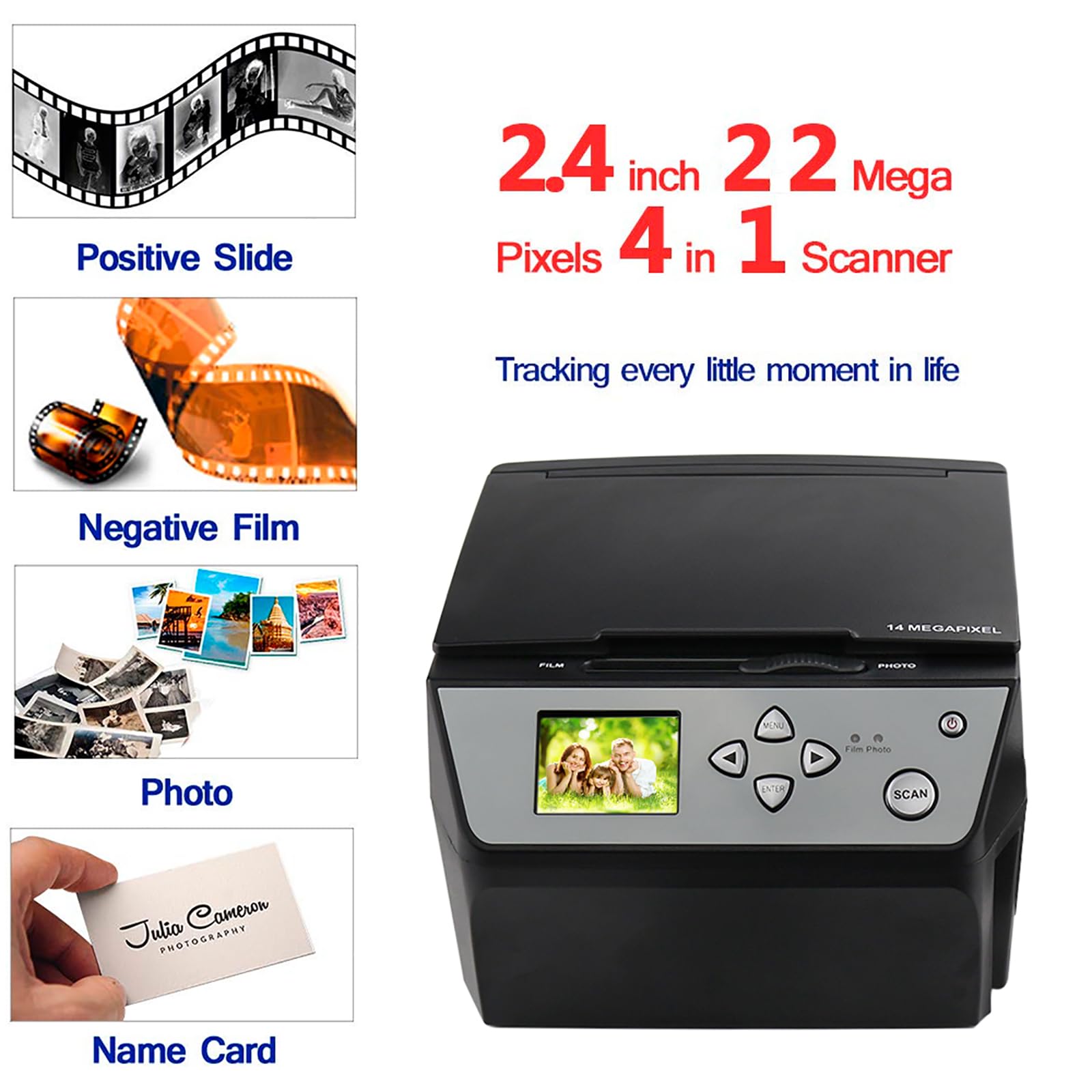 Escáner de película, convertidor de Diapositivas y Negativos de 22 MP con Pantalla LCD de 2,4", Convierte Diapositivas/Negativos de 135/35 mm y 110, Tarjetas de Visita a Archivos J