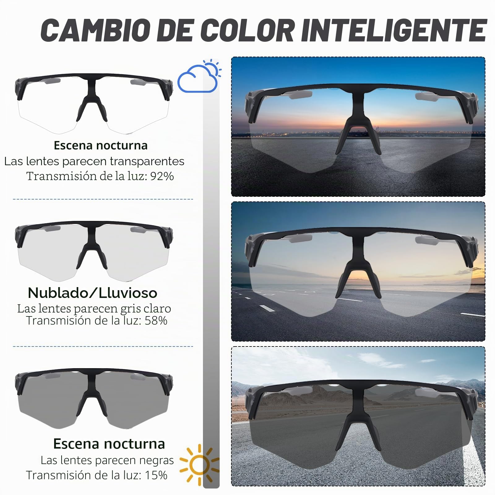 Gafas de ciclismo fotocromáticas con tintado automático, gafas de ciclismo para hombre, protección fotocromática UV400, gafas deportivas fotocromáticas para bicicleta de carretera, MTB, correr
