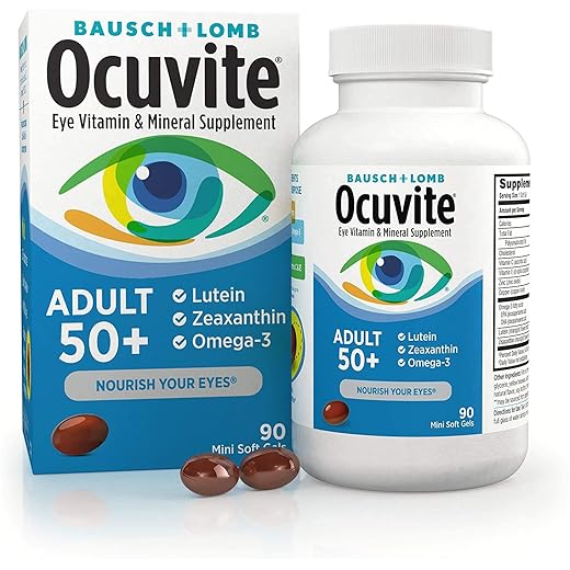 Ocuvite 50+ Eye Vitamin & Mineral Supplement, Multivitamin for Vision & Ocular Health with Omega-3, Zinc, Vitamins C & E, Lutein & Zeaxanthin, Zinc Supplements for Women and Men, 90 Softgels