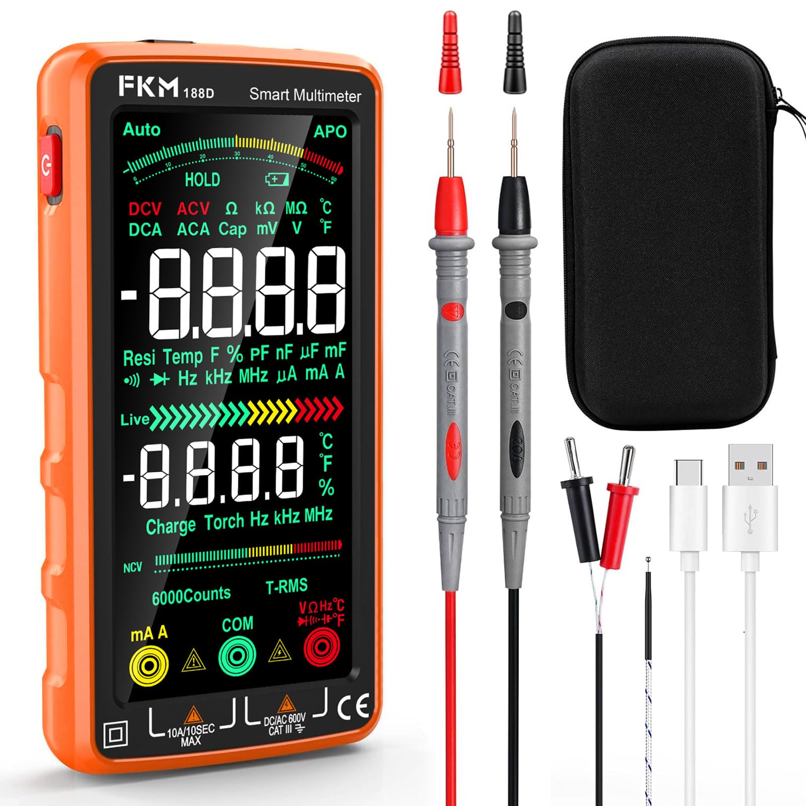 FKM Pro Digital Multimeter Tester TRMS 6000 Counts,Smart Rechargeable Voltmeter 5"Color LCD,Auto-Ranging Automotive Multimeters,for AC/DC Current/Voltage,NCV,Ohm,Capacitance,Resistance,Continuity,Temp