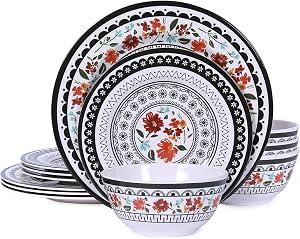 12-Piece Melamine Dinnerware Sets,Unbreakable Dinnerware for Indoor and Outdoor Use, Dishwasher Safe, Lightweight Dinner Service for 4, Black and White, Retro Flower, ZS-DM011