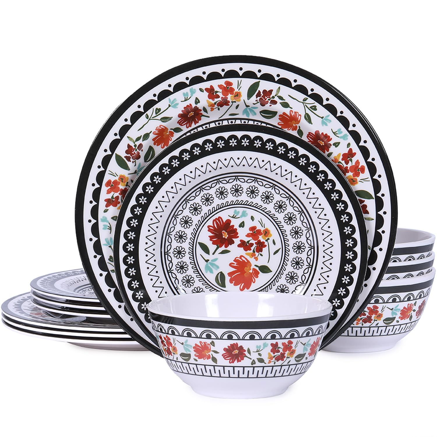 12-Piece Melamine Dinnerware Sets, Unbreakable Dinnerware for Indoor and Outdoor Use, Dishwasher Safe, Lightweight Dinner Service for 4, Black and White