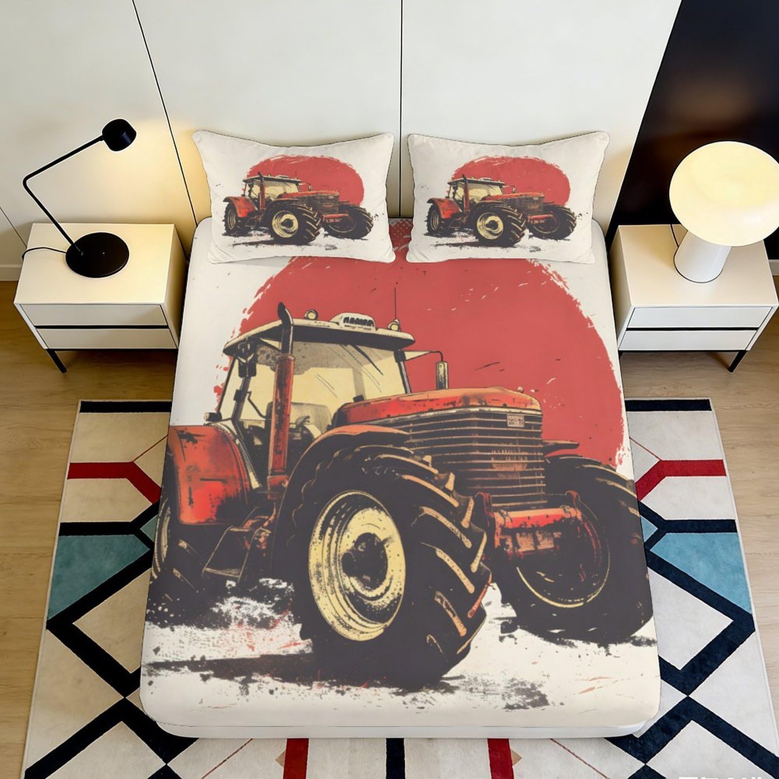 3D Printed Red Tractor Fitted Sheet Microfiber Rustic Farmhouse Bedding Decor for Bedroom Dorm Mattress Cover 90x200x25cm