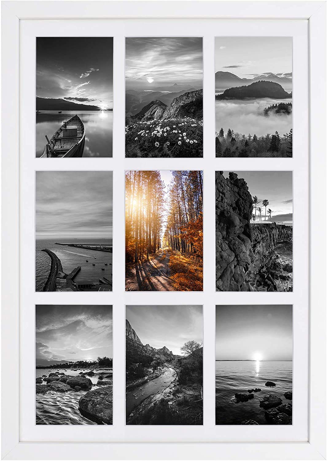 Golden State Art, 13.6x19.7 White Photo Wood Collage Frame, for (9) 4x6 with Real Glass and White Mat