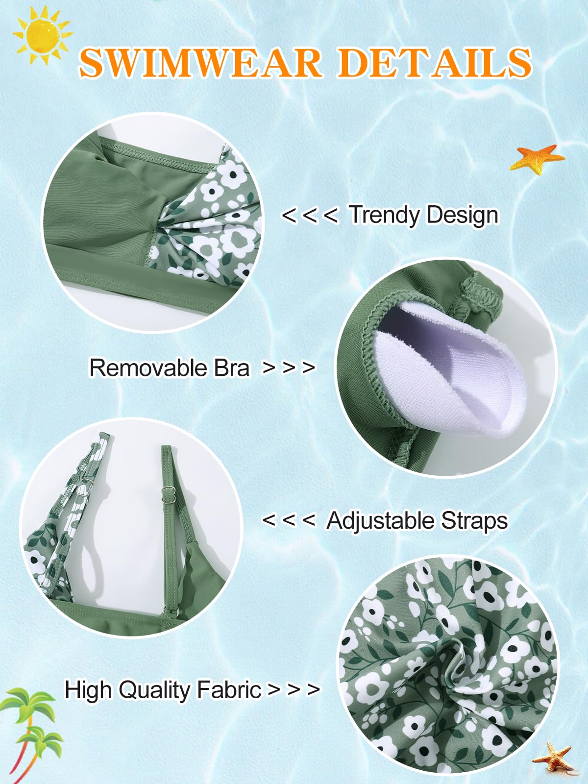 Traje de baño de 2 piezas para niñas, conjunto de bikini con bloques de color tropical, floral, lindo traje de baño para niñas