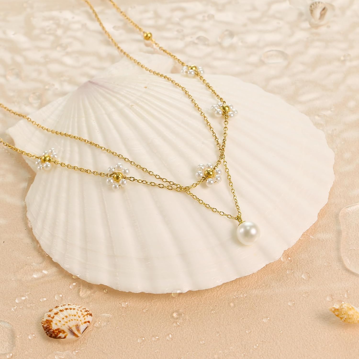 Pearl Necklaces for Women, Gold Pearl Choker Single Pendant Necklace Layered Daisy Jewelry as Gifts for Galentines Day, Wedding Strands for Bride Bridesmaids - Image 3