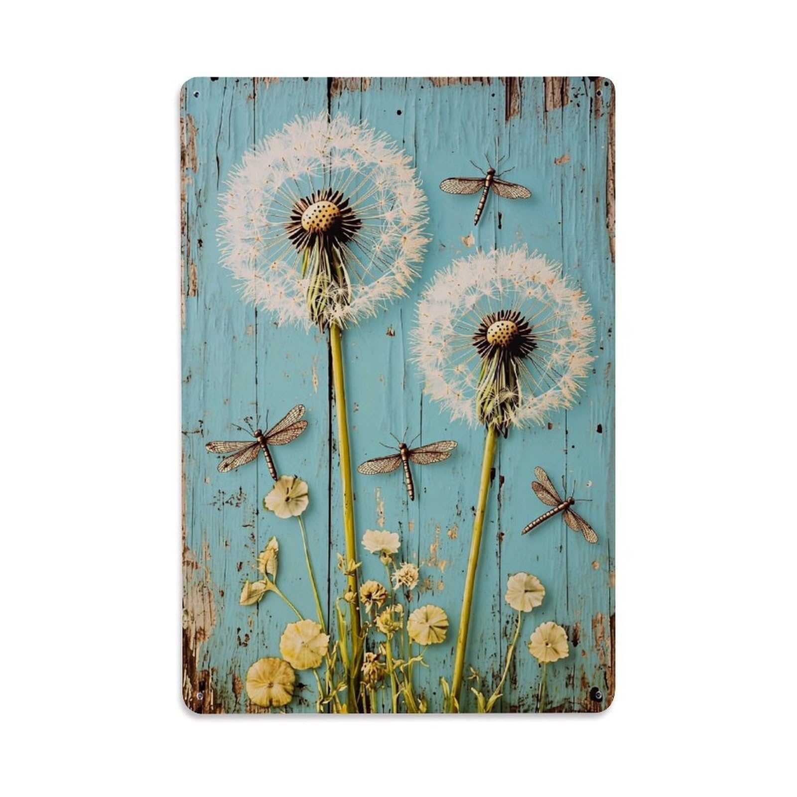 Jdfenggu Vintage Dandelion Dragonfly Flower Pattern Print Retro Metal Tin Sign, Decor Art Poster For Bar, Home, Man Cave, Kitchen, Laundry Room Gift 8X12inch