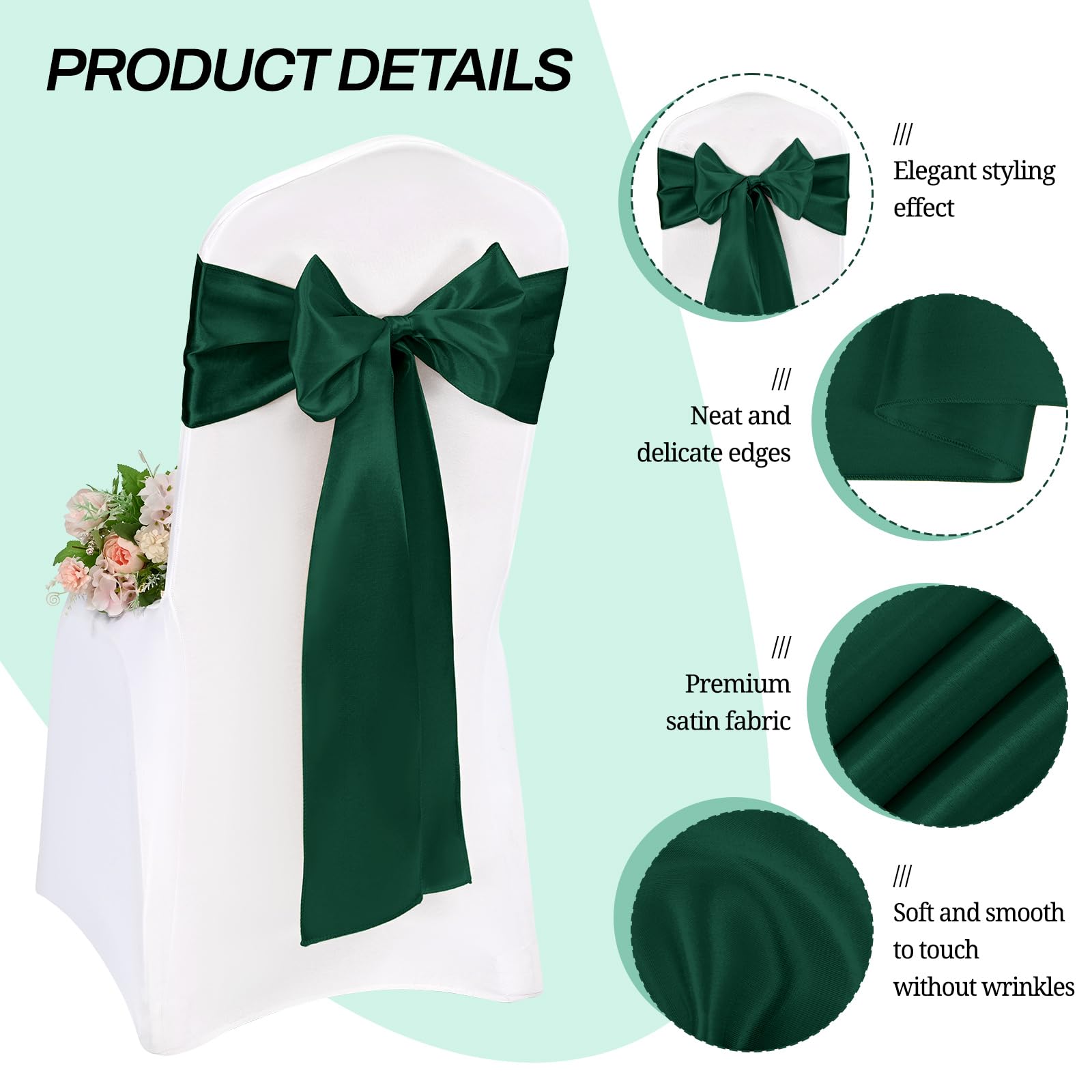 Pesonlook 50 Pcs Chair Sashes Satin Chair Cover Bands 7X108 Inch Chair Sashes Bow Back Tie Ribbon For Wedding Party Hotel Decorations (17X275 CM,Forest Green) - Image 3